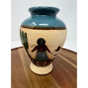 Mexican Pottery Vase Turquoise Teal Desert Scene Cactus Figures '06